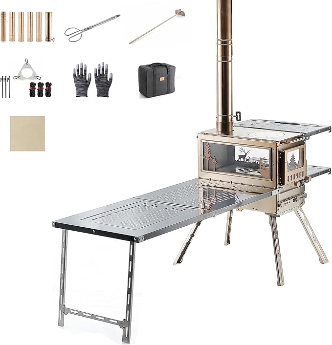 Stainless Steel Portable Wood Burning Stove with Oven & Camping Table, 6 Chimney Pipe for Outdoor Camping, Cooking, Tents, BBQ, Hiking, Fishing, Backpacking