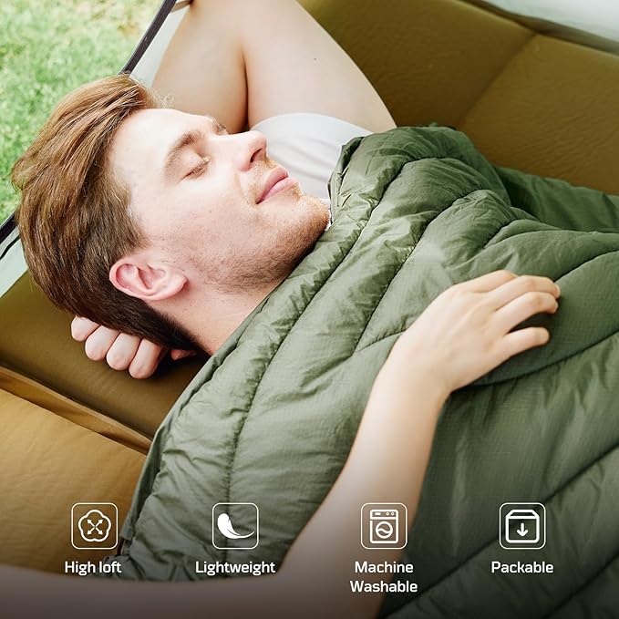 Camping Blanket, Packable, Lightweight Camp Quilt with Zipper, Multifunctional Outdoor Sleeping Blanket for Backpacking, Travel, Stadium, Beach