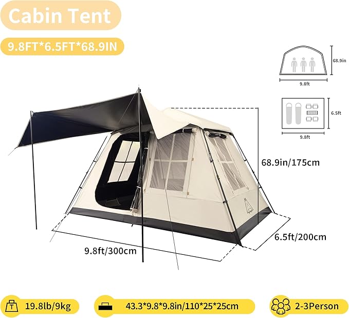 TENPLAY 2-4Person Instant Cabin Tent,Portable Pop Up Tent,One-Touch,Setup with 60s,Spacious Interior,BlackCoating,Waterproof5000mm,Includes Rainfly,Canopy, Blackout Tents for Camping,Hiking,Family