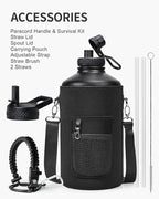 One Gallon Water Bottle,128oz Insulated Water Flask Stainless Steel Vacuum, Cold for 48 Hrs,BPA-Free & Leakproof -with Paracord Handle,Strap,Straw Spout Lids,Large Jug for Gym Sports,Black