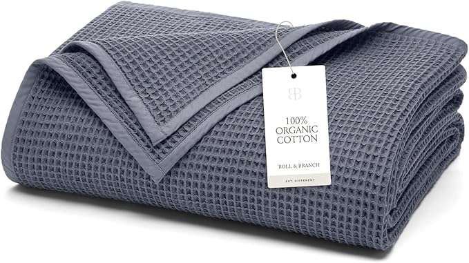 BOLL & BRANCH Waffle Bed Blanket - Full/Queen, Mineral - Luxury 100% Organic Cotton - Soft, Lightweight and Breathable - Textured Waffle Weave Design