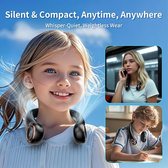 Portable Neck Fan with 6000mAh USB - Rechargeable Battery, Ultra-Light Bladeless Neck Fan LED Display, 360° Cooling Wearable Fan, 3 Speeds (black)