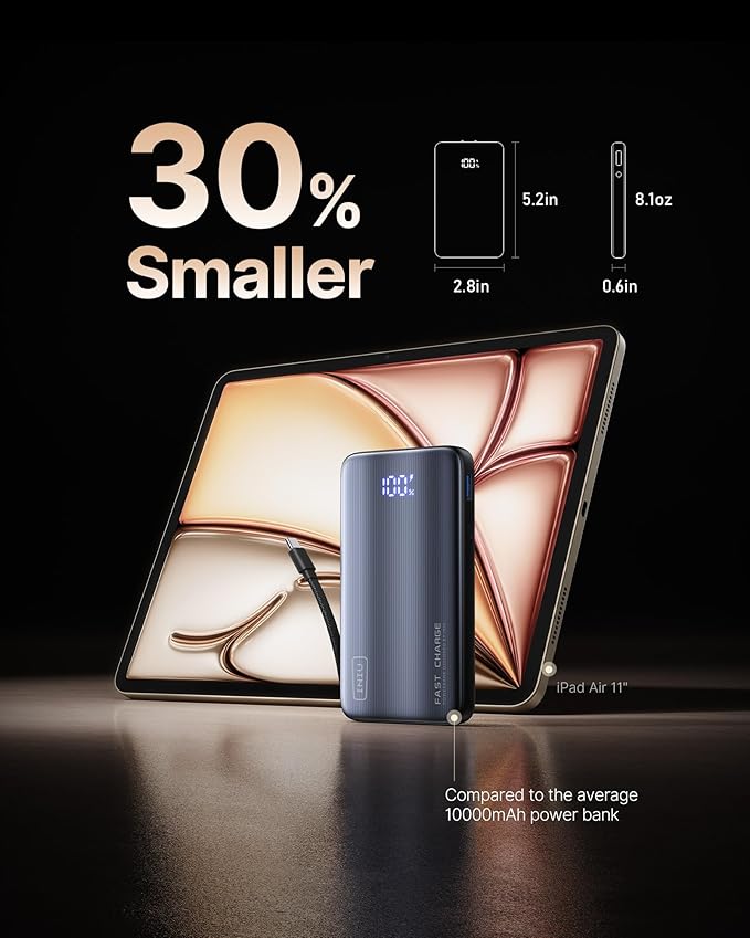 INIU 3-in-1 Portable Charger, 45W 10000mAh Fast Charging Power Bank, Built-in USB C Cable & Foldable Wall Plug, Travel Essentials, Battery Pack for iPhone 17 16 15 Series, Samsung, MacBook, Gray