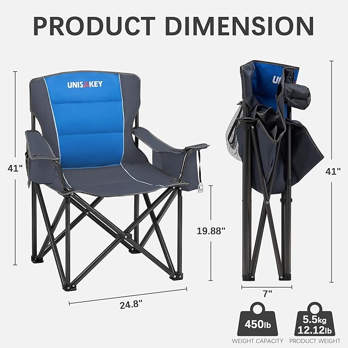 Oversized Folding Camping Chair for Adults - 450lbs Support - Heavy Duty Portable Lawn Chairs with Side Pocket Cup Holder Cooler Bag for Sports Garden Beach Fishing, Blue