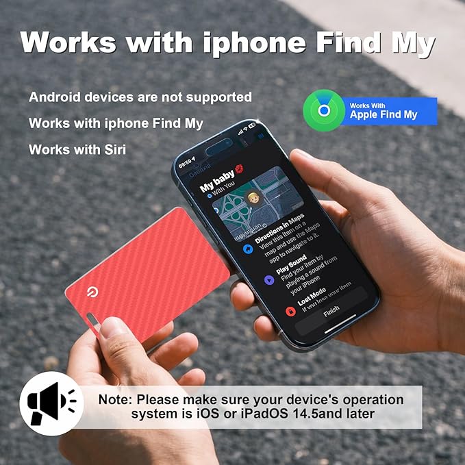 Wallet Tracker Card, Slim Rechargeable Bluetooth Item Locator, Smart Finder Compatible with Apple Find My for Wallet, Luggage, Passport, IP68 Waterproof (iOS Only) (Carbon Fiber Red)