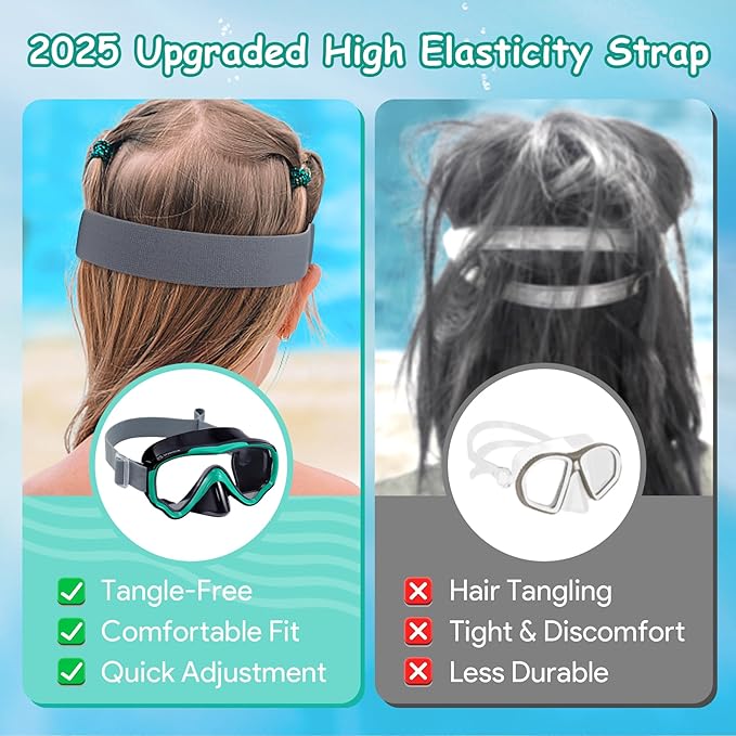 Vvinca Snorkeling Gear for Kids Dry Top Kids Snorkel Set for Boys Girls Junior Youth Children Age 4-14 Swim Goggles with Nose Cover Anti-Fog Panoramic View Adjustable Elastic Diving Mask and Snorkel