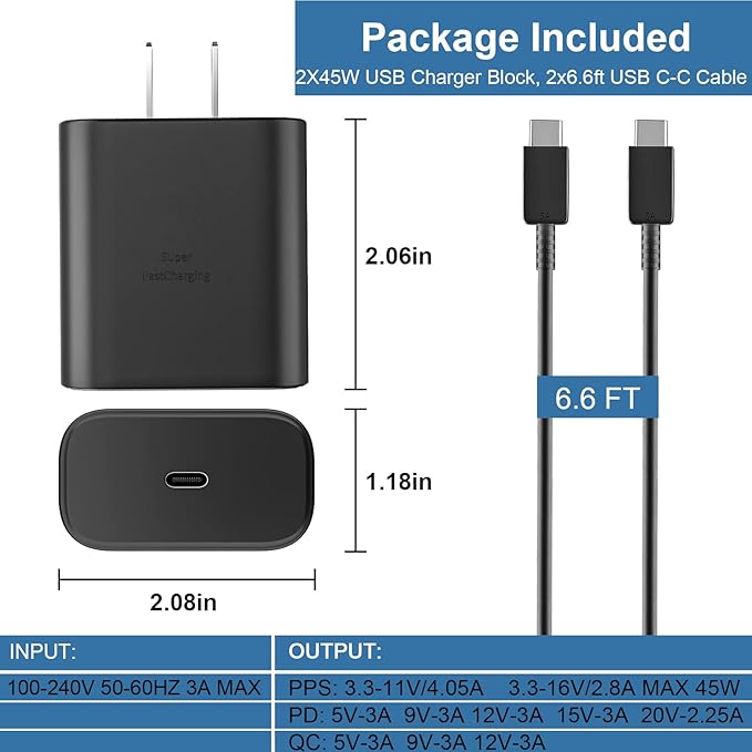 45W USB C Fast Charger, 45Watt Super Fast Charger Type C with 6.6ft Android Fast Charging Cable Cord for Samsung Galaxy S26 Ultra/S26/S26+/S25 Ultra/S25/S24/S23 Ultra/S22 Ultra/S20 Ultra/Note 10 Plus