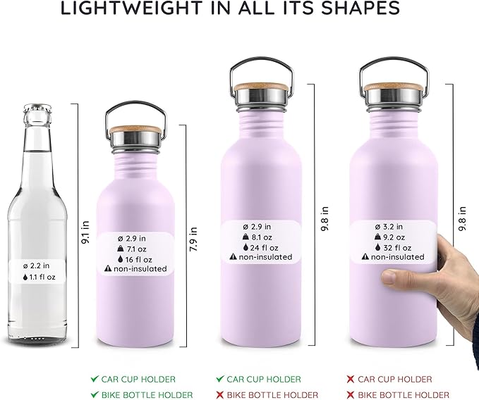 Bambaw Metal Water Bottle 16 oz, Lavender Water Bottle with Handle, Stainless Water Bottle Non Insulated, Small Water Bottle, Purple Water Bottle for Women, Metal Water Bottle – Lavender Haze