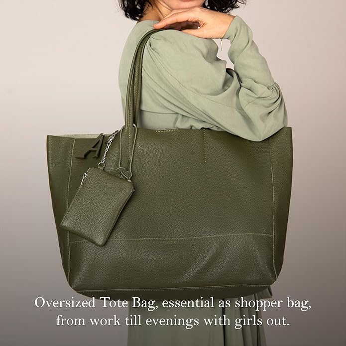 Italian Leather Tote Bag for Women - Large Shoulder Shopper, Fits 16” Laptop, Keychain Holder, Made in Italy