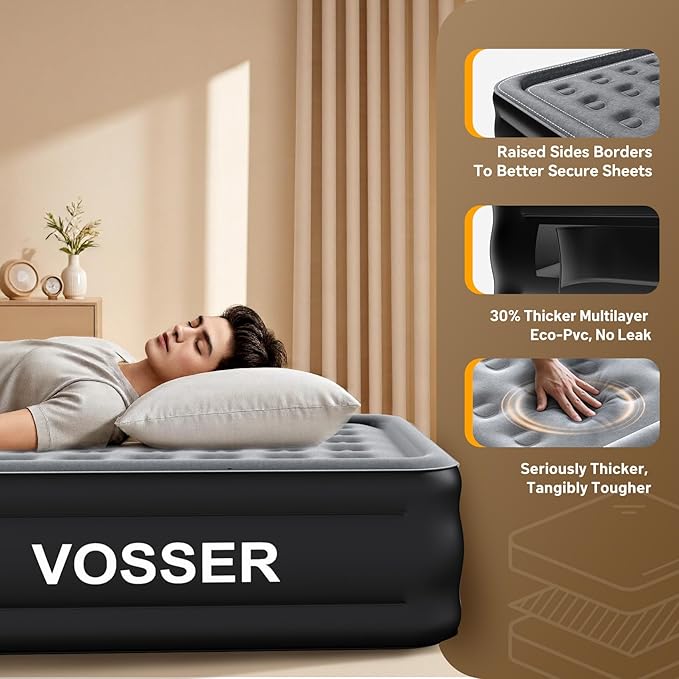 Air Mattress Queen with Built in Pump,Blow Up Mattress in 3 Mins,18'' Raised Self Inflatable Mattress,Portable Airbed for Home,Floor&Camping,Queen Size Air Matress for Adults,660LB Max,Black
