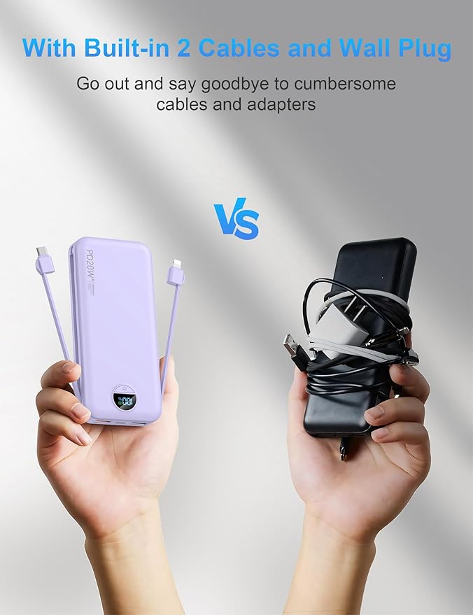 Portable Charger with Wall Plug, 10000mAh USB C Power Bank Fast Charging, External Battery Pack with Built in Cables, Digital Display, 5 Output 4 Input for iPhone Android Cell Phone Tablet