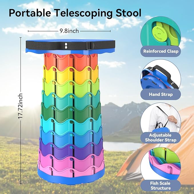 Upgraded Collapsible Stool, Portable Folding Stool, Telescoping Camping Chair with Max Load Capacity 485lbs, Square Retractable Stool for Camping Gardening Fishing Hiking BBQ [Rainbow+Blue]