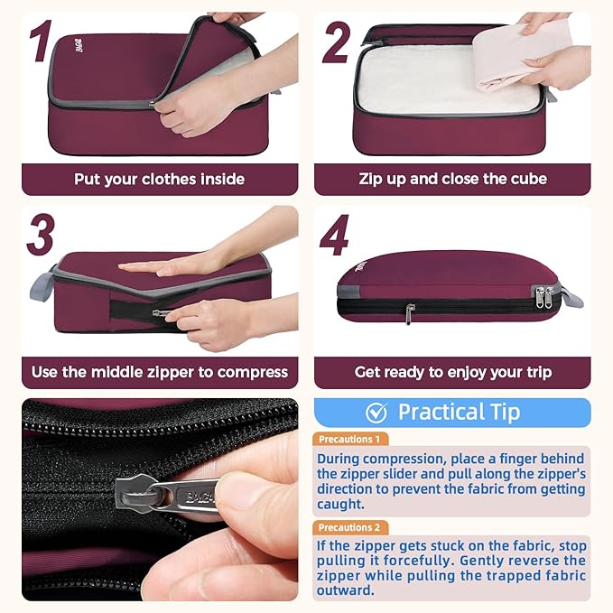 BAGAIL 4 Set/6 Set/8 Set Compression Packing Cubes Travel Accessories Expandable Packing Organizers (Cloth Pattern, 4-Burgundy)
