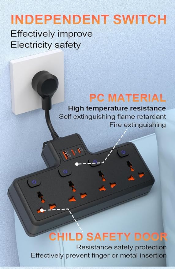 Wall Mount Power Strip with 4 AC Outlets & USB-C (20W) and USB Ports, Plug Extender with Individual Switches, Space Saving Multi Plug Outlet for Home, Office, Dorm & Travel, Black