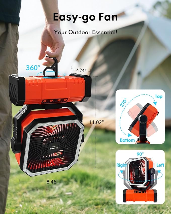 Camping Fan with Bluetooth Speaker Portable Fan,20000mAh Rechargeable Battery Powered Fans, 360° Hanging Hook for Outdoor Picnic Tent Beach Travel Barbecue, Orange