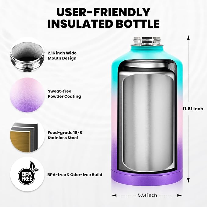 One Gallon Water Bottle Insulated, Triple Walled Vacuum Stainless Steel (Cold for 48 Hrs), Leak Proof & Non-BPA, Large Water Flask Jug with Paracord Handle & Straw Spout Lids