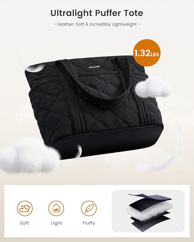 LOVEVOOK Puffer Tote Bag for Women, Puffy Work Handbag, Travel Shoulder Carry On Bag with Zipper for Teacher Nurse Gym