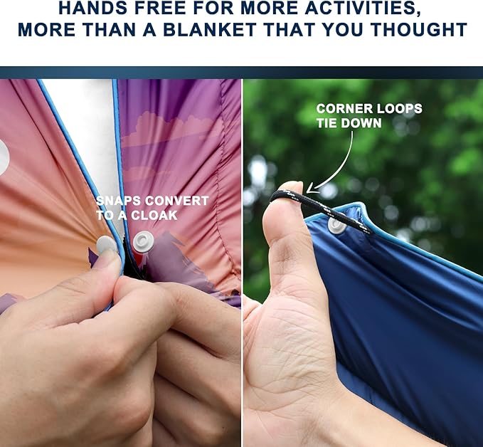 zzlamb Camping Blanket, Outdoor Lightweight Travel Blanket Puffy Portable Down Alternative, Windproof Warm Cloak with Snaps, Cozy Quilt Backpacking Picnic RV Plane Car Hammock Beach Climbing