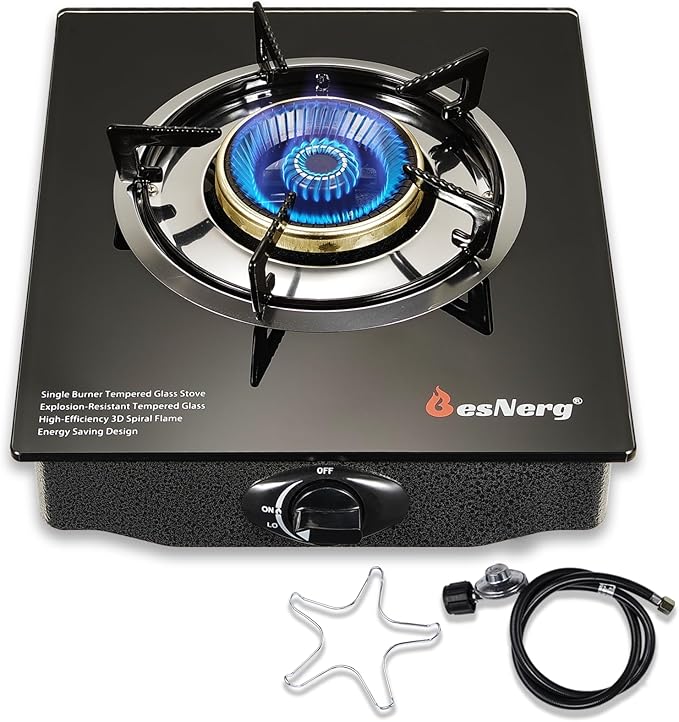 Propane Stove 1 Burner Gas Stove, 14500 BTU High-Efficiency Auto Ignition Tempered Glass LPG Cooktop with CSA Regulator and Hose – for Outdoor Camping, RV, and Emergency Cooking