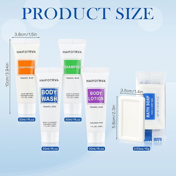 200 Pcs 5-IN-1 Hotel Soaps and Toiletries Bulk Set,5-Piece Set Mini Bulk Travel Size Toiletries Set 1 oz each Shampoo,Conditioner, Body Wash and Lotion,0.53 oz Soap Hotel Supplies for Guests,Homeless