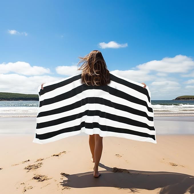 COTTON CRAFT Oversized XL Beach Towel - 2 Pack 39 x 68 inches Big & Huge Beach Blanket Towel - 100% Cotton Velour Thick Plush 450 GSM Super Soft Luxury - Pool Picnic Bath Towel - Cabana Stripe Black