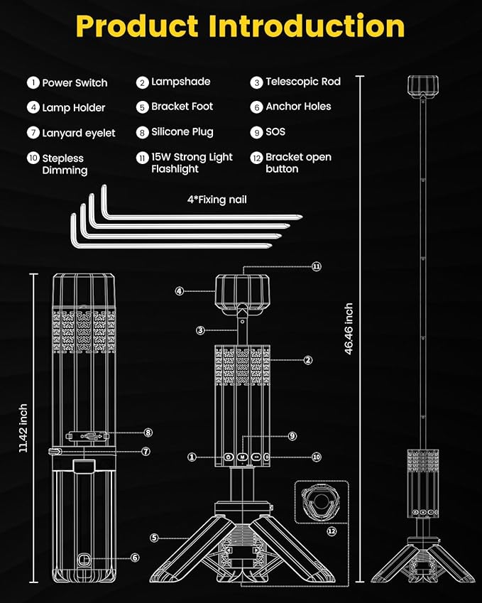 Camping Lantern Telescopic - Camping Light with 12000mAh Battery Magnetic Base, 3 Light Modes, Waterproof Rechargeable LED Hiking, Emergency, Outdoor & Indoor Use