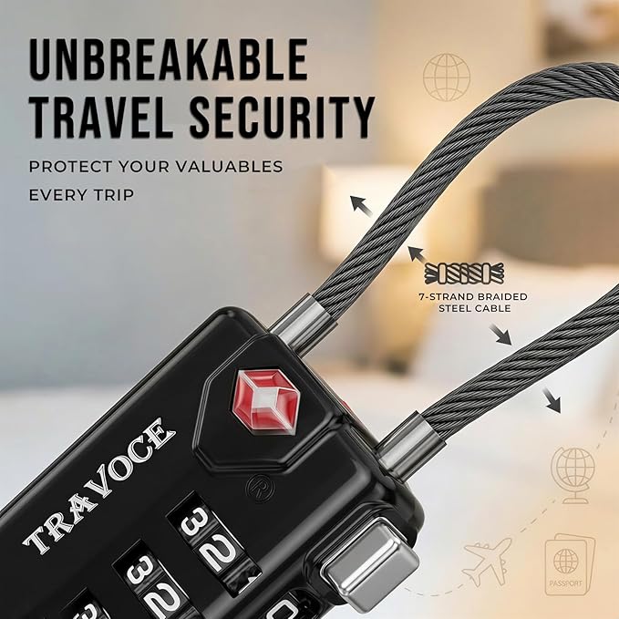 TRAVOCE TSA Approved Luggage Locks - Heavy Duty 3 Digit Combination Cable Lock, Search Alert for Suitcases, Backpacks, Golf Bags, Tents, Violin and Camera Cases, 10 Pack, Black