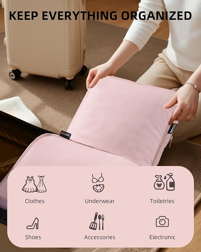 6 Set Compression Packing Cubes, Suitcase Storage Bags for Clothes and Travel Essentials (Dusty Pink)