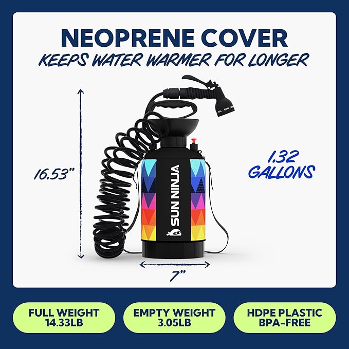 SUN NINJA Portable Shower, Camping Shower with 7 Mode Shower Head, Neoprene Cover Helps Keep Water Warm, High Pressure Hose, Easy to Carry