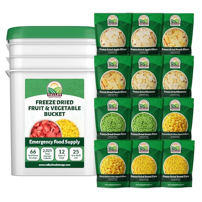 Freeze Dried Fruit & Vegetable Bucket | 12 Pouches Premium Emergency Food Supply | Non-GMO Survival Food 25 Year Shelf Life | Camping Food, Backpacking Meals, Prepper Supplies | Valley Food Storage