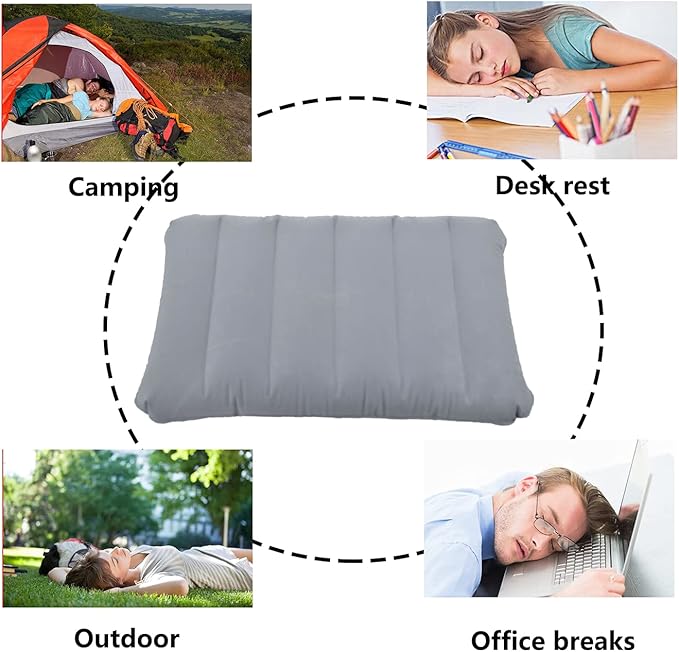 2 Pack Ultralight Inflatable Camping Pillow Squared Flocked Fabric Air Pillow for Beach Hiking,Camping,Traveling,Napping,Desk Rest,Neck Lumbar Support Grey