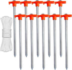 ABCCANOPY 10 Inch Tent Stakes 10 Pcs Non-Rust Metal Ground Anchors, Heavy Duty Spikes with 4 Ropes for Outdoor Camping, Reddish Orange
