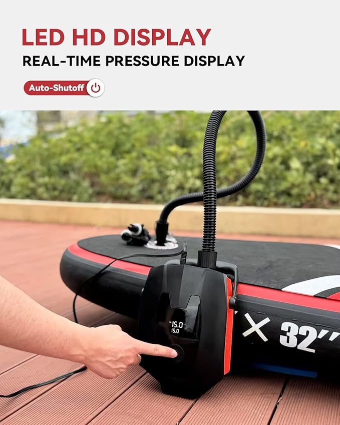 ZFOX 50PSI Paddle Board Pump, Portable Electric SUP Pump with Auto-Shutoff & Cooling Fan – Smart Inflation for Paddle Board, 9 Nozzles, HD LCD Display, 12V DC (Red-M)