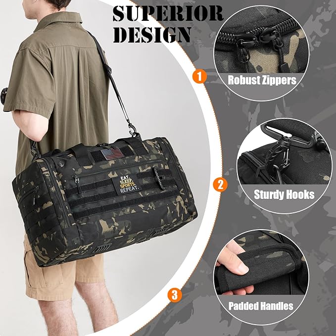 45L Gym Bag for Men & Women, Tactical Military Duffle Bag for Travel Weekender Gym Workout Deployment， Large Sports Bag for Hockey Football Baseball Soccer Basketball & Team training