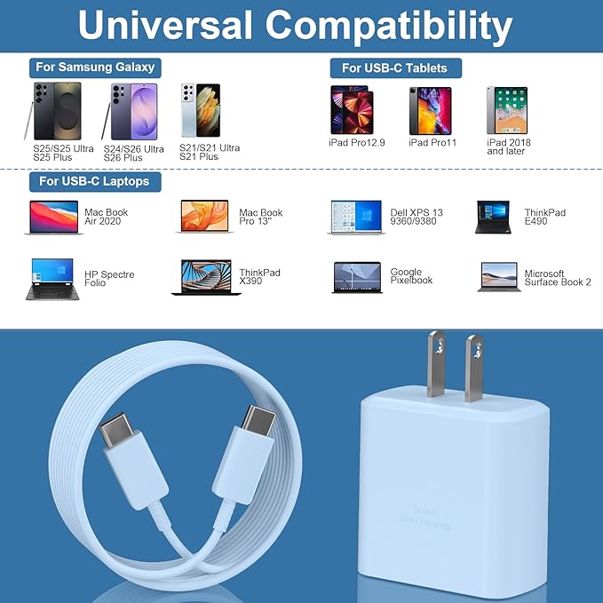 Android Charger Fast Charging, 45W USB-C Super Fast USB C Phone Charger Block with 10FT Cable for Samsung Galaxy S26 S25 S24 S23 Ultra/S26 S25 S24 S23 S22 S21 S20/Note 10/20-Blue