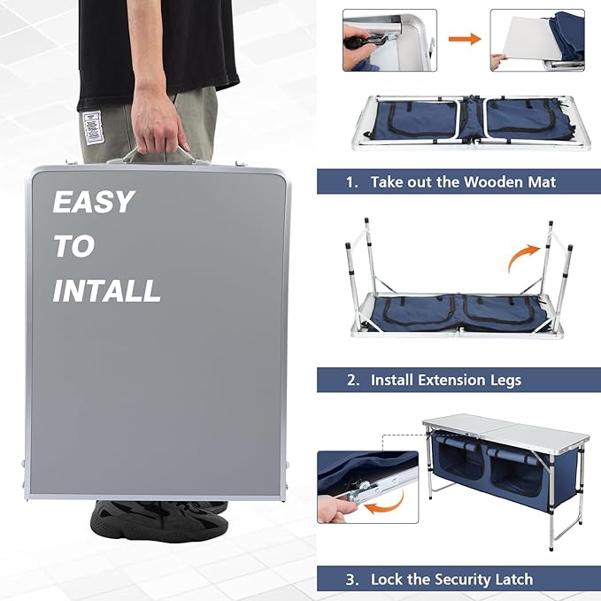 Camping Table, Folding Camping Table with Storage, Portable, Lightweight, 3 Height Adjustable Aluminum Outdoor Table for BBQ, Picnic, Camping, Hiking, Beach, and Indoor, Blue