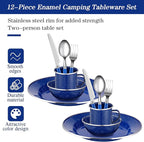 Nuogo 12 Pcs Enamel Camping Tableware Set Dinnerware Kit Includes 12 oz Coffee Mugs Camping Plates Bowls and Utensils Set with Knife Fork Spoon for 2 People Hiking Picnic Outdoor
