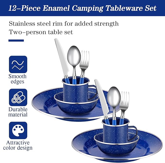 Nuogo 12 Pcs Enamel Camping Tableware Set Dinnerware Kit Includes 12 oz Coffee Mugs Camping Plates Bowls and Utensils Set with Knife Fork Spoon for 2 People Hiking Picnic Outdoor