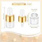 100 Pcs Mini Glass Oil Dropper Bottle Bulk, Clear Essential Small Empty Bottles Sample Containers Perfume Liquid Vials with Cap for Traveling (1 ml,Gold)