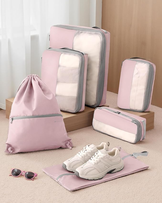 6 Set Compression Packing Cubes for Travel, Bonus Versatile Drawstring Backpack, Lightweight Luggage Organizer Bags, Sturdy Travel Accessories for Suitcase, Pink