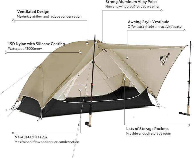 Naturehike Mongar UL 1-2 Person Backpacking Tent,15D Nylon Waterproof Ultralight One Person Two Person Tent with Footprint