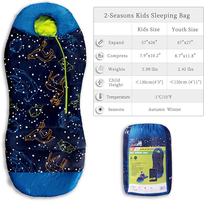 AceCamp Glow in The Dark Mummy Sleeping Bag for Kids and Youth, Temperature Rating 30°F/-1°C, Water-Resistant for Camping, Hiking, and Slumber Party
