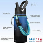 BJPKPK Water Bottle with Straw Lid, 18oz Insulated Water Bottles with 3 Lids, Paracord Handle & Non-slip Boot, Metal Stainless Steel Thermo, BPA Free Leak Proof Tumblers,Blue Black