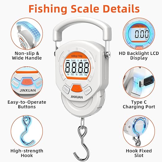 Fishing Scale Luggage Scale 132lb/60kg Digital Fish Scale, Fish Weight Scale with Backlit LCD Display, Luggage Weight Scale with 4 Units, 2 AAA Batteries, Hanging Scale for Fishermen Travelers