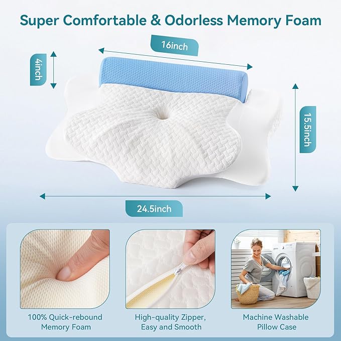 Cervical Pillow with Removable Neck Roll 2-in-1,Orthopedic Memory Foam Pillow for Side, Back & Stomach Sleepers, Ergonomic Traction Support for Neck Shoulder Back Pain Relief, Sleeping Comfort