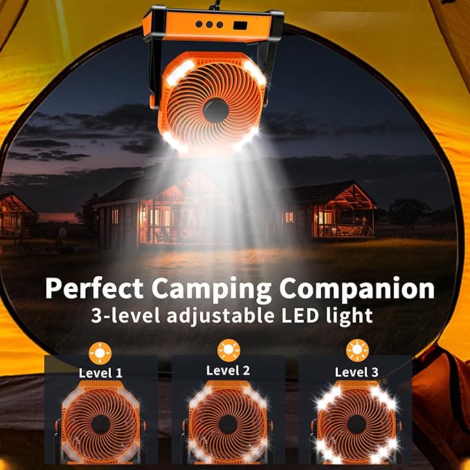 Camping Fan with Smart Voice， 22500mAh Battery Powered Portable Fan with Light&Hook, 5-Speed 270°Adjustable, Camping Essentials for Indoor, Tent, Travel, Patio, RVing, BBQ, Fishing, Jobsite