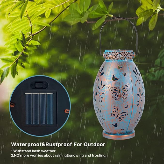 Stargarden 2Pack Outdoor Solar Lanterns, Hollow Out Metal Garden Light Decorative Hanging Lights, Solar Lanterns Outdoor Waterproof for Patio, Lawn, Yard( Blue)