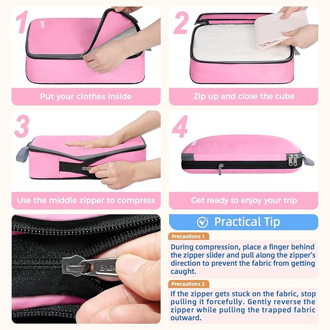 BAGAIL 4 Set/6 Set/8 Set Compression Packing Cubes Travel Accessories Expandable Packing Organizers (Cloth Pattern, 4-Pink)