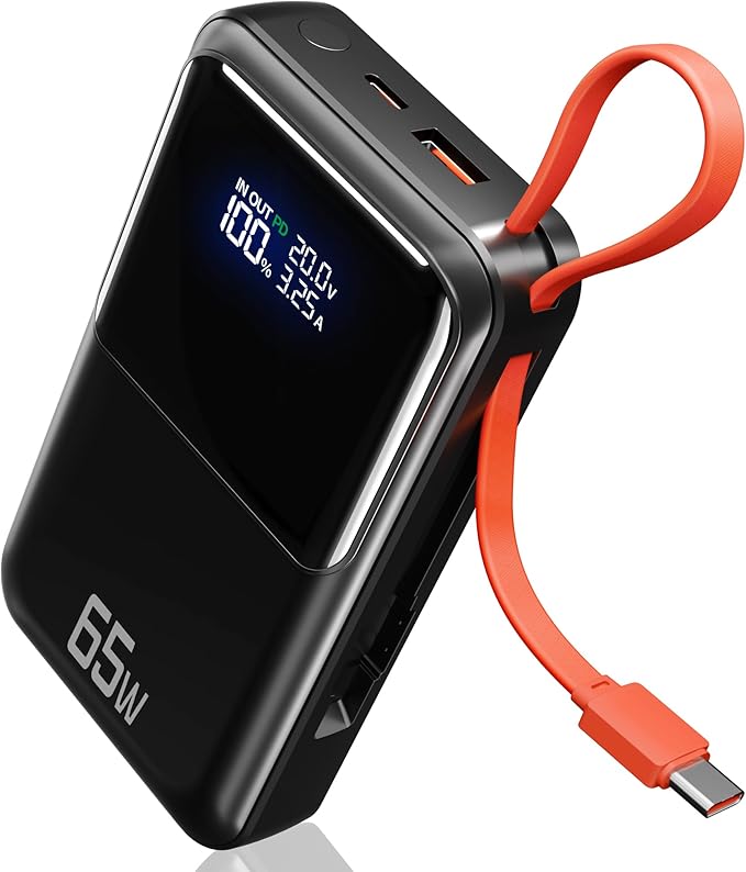 65W Portable Laptop Charger - 27,000mAh Power Bank with Built-in USB-C Cables, 3-Port 130W Total Fast Charging for MacBook/iPhone/Steam Deck|TSA-Approved Travel Essential Airplane Safe Battery Pack
