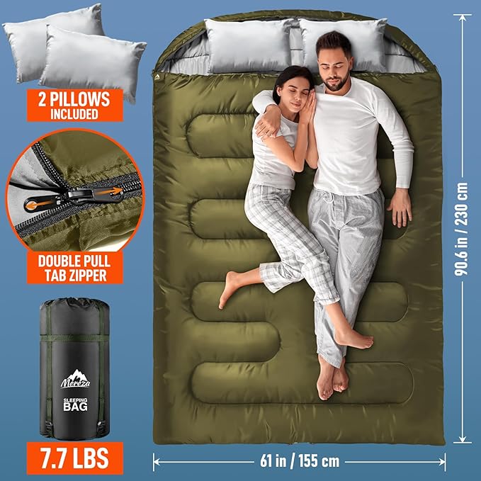 MEREZA Double Sleeping Bag for Adults Mens with Pillow, XL Queen Size Two Person Sleeping Bag for All Season Camping Hiking Backpacking 2 Person Sleeping Bags for Cold Weather & Warm